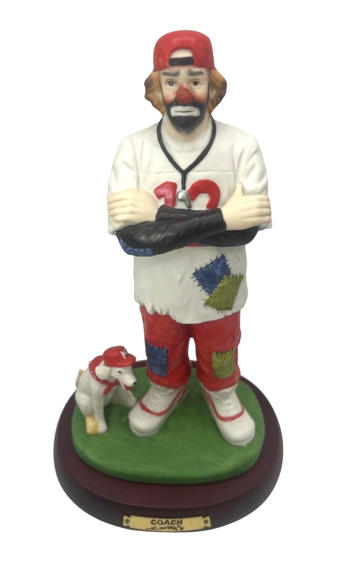 Emmett Kelly Jr. Coach Figurine Professional Series Collection Hand-Painted Porcelain With Dog On Wooden Base 10" tall