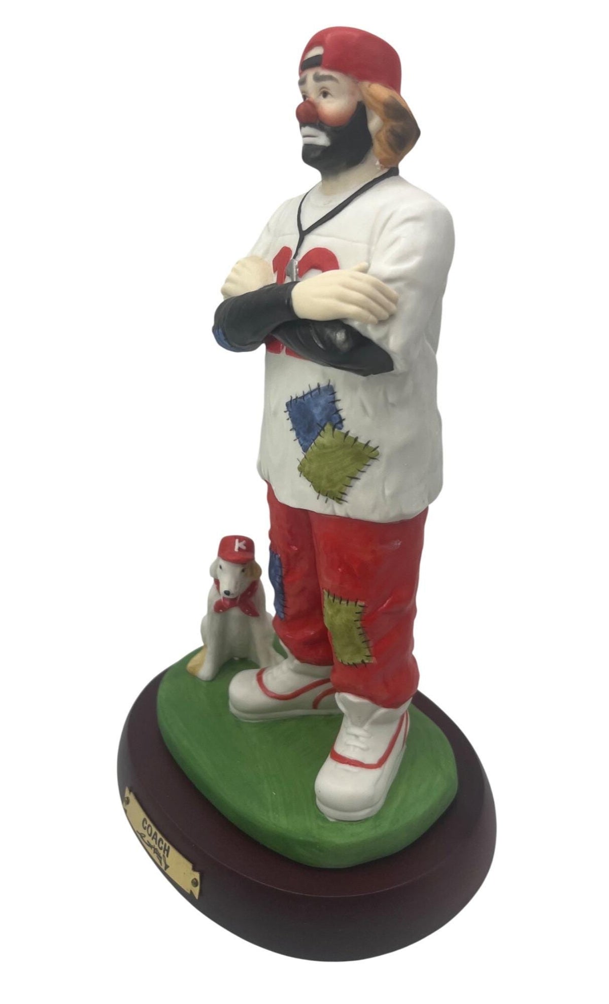 Emmett Kelly Jr. Coach Figurine Professional Series Collection Hand-Painted Porcelain With Dog On Wooden Base 10" tall