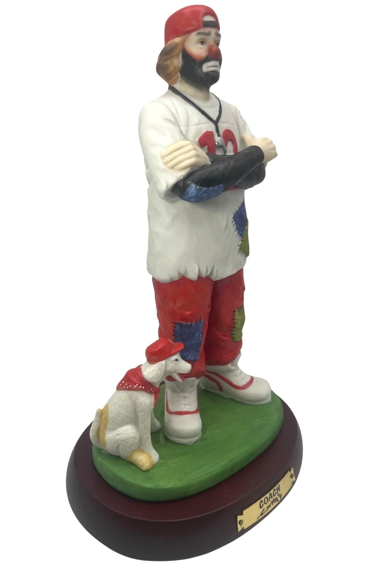 Emmett Kelly Jr. Coach Figurine Professional Series Collection Hand-Painted Porcelain With Dog On Wooden Base 10" tall