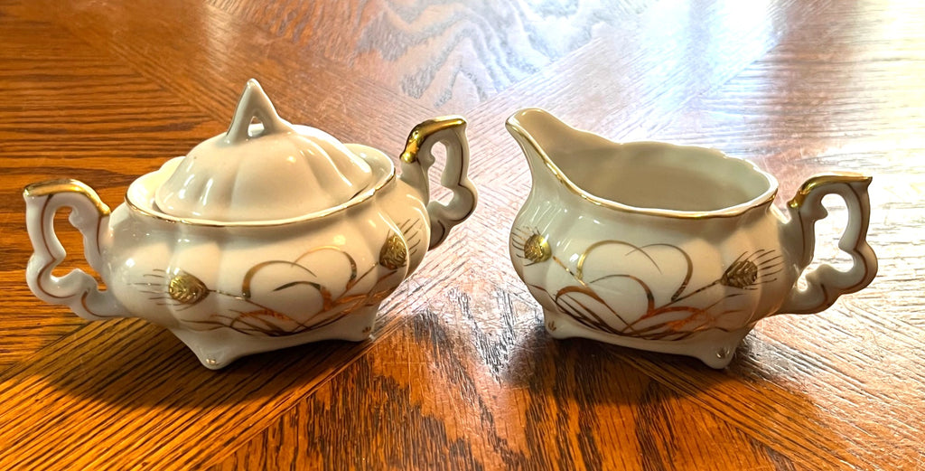 Vintage Lefton China Golden Wheat Creamer & Sugar Bowl with Lid Set With Hand Painted Design