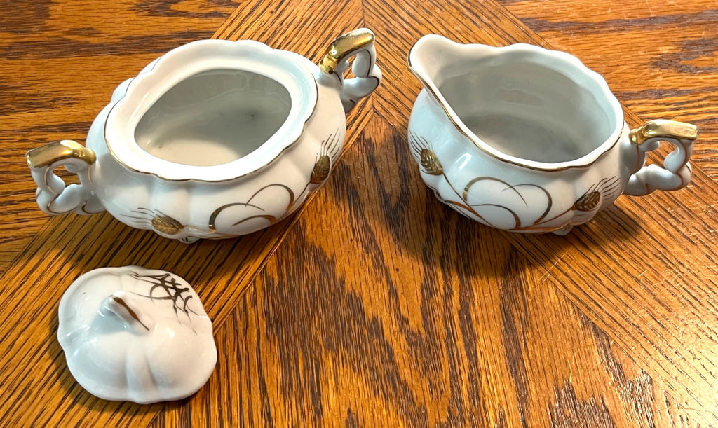 Vintage Lefton China Golden Wheat Creamer & Sugar Bowl with Lid Set With Hand Painted Design