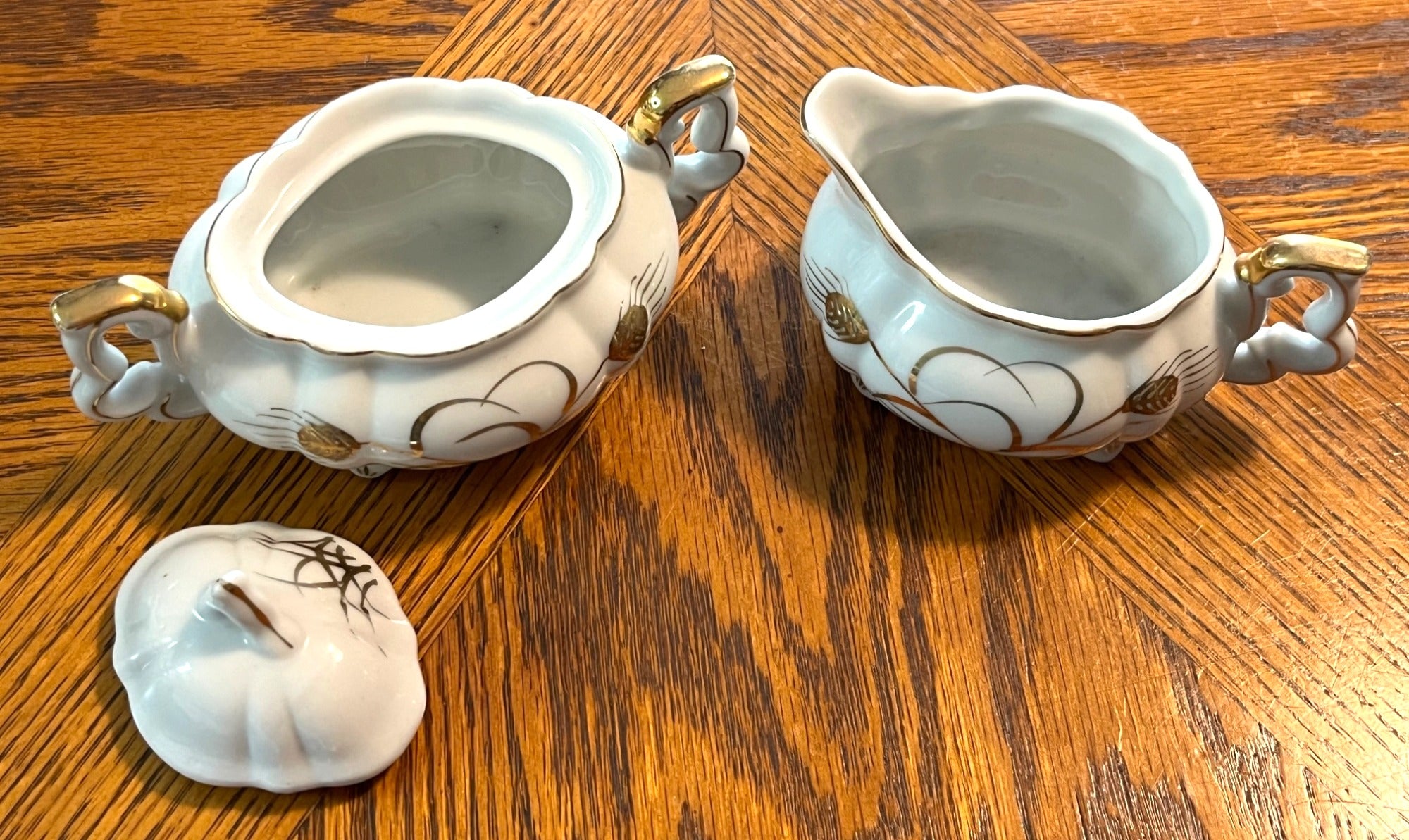 Vintage Lefton China Golden Wheat Creamer & Sugar Bowl with Lid Set With Hand Painted Design