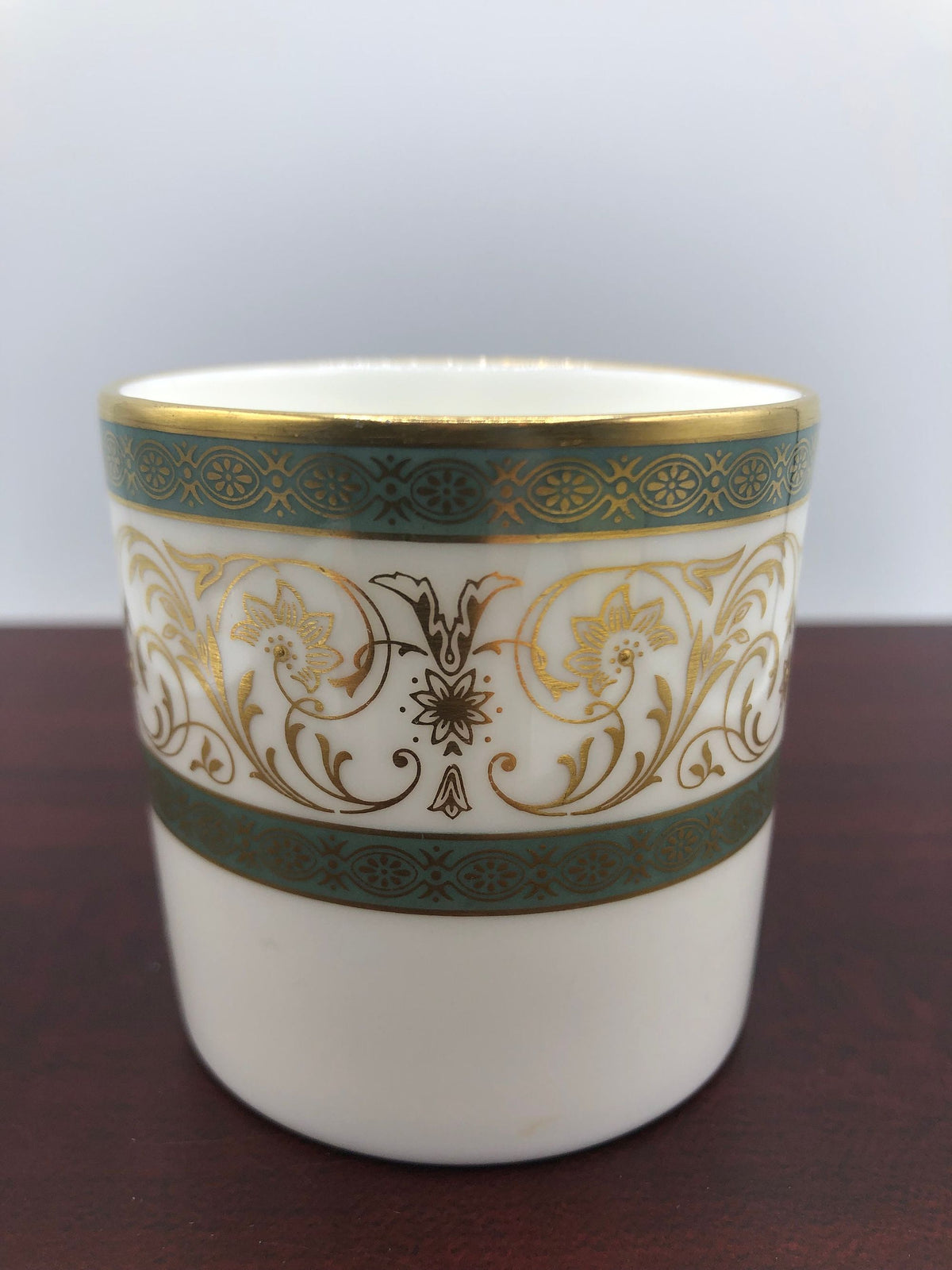 Minton Fine Bone China Demitasse Cup Aragon Pattern.  Fine Gold Details with Light Green Borders, Raised Flower Centers.
