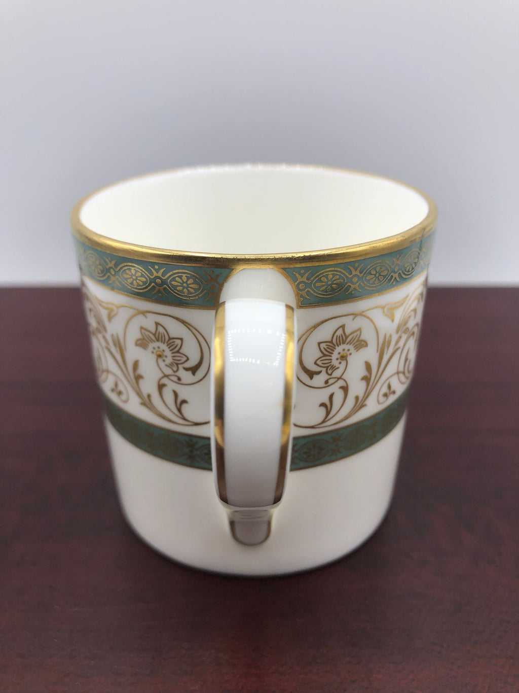 Minton Fine Bone China Demitasse Cup Aragon Pattern.  Fine Gold Details with Light Green Borders, Raised Flower Centers.