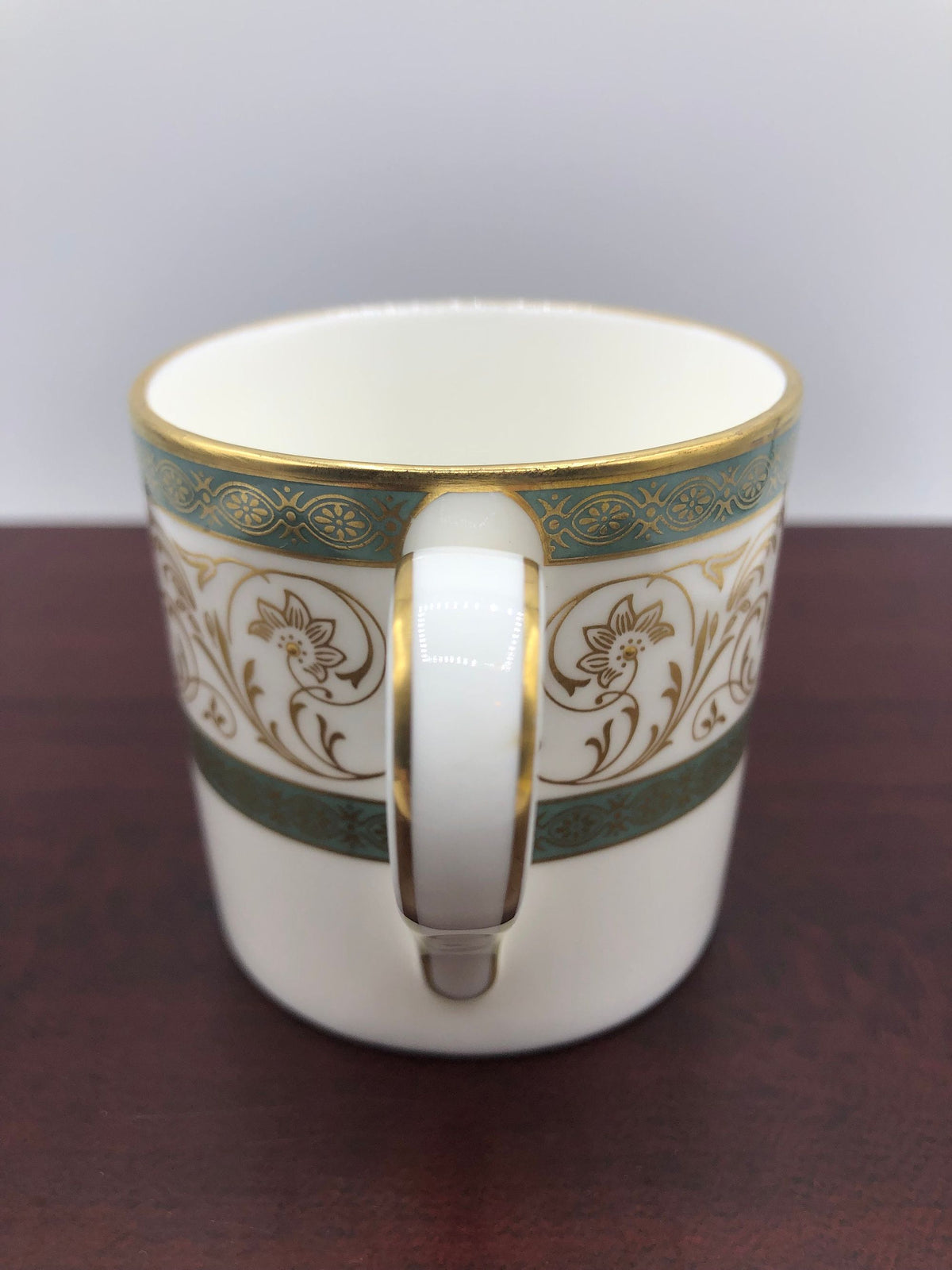 Minton Fine Bone China Demitasse Cup Aragon Pattern.  Fine Gold Details with Light Green Borders, Raised Flower Centers.