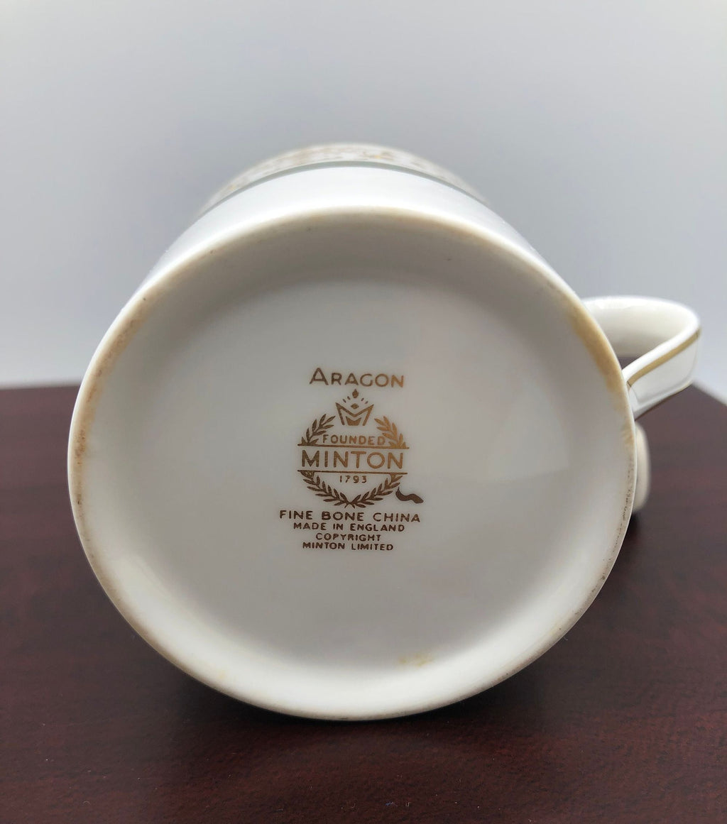 Minton Fine Bone China Demitasse Cup Aragon Pattern.  Fine Gold Details with Light Green Borders, Raised Flower Centers.