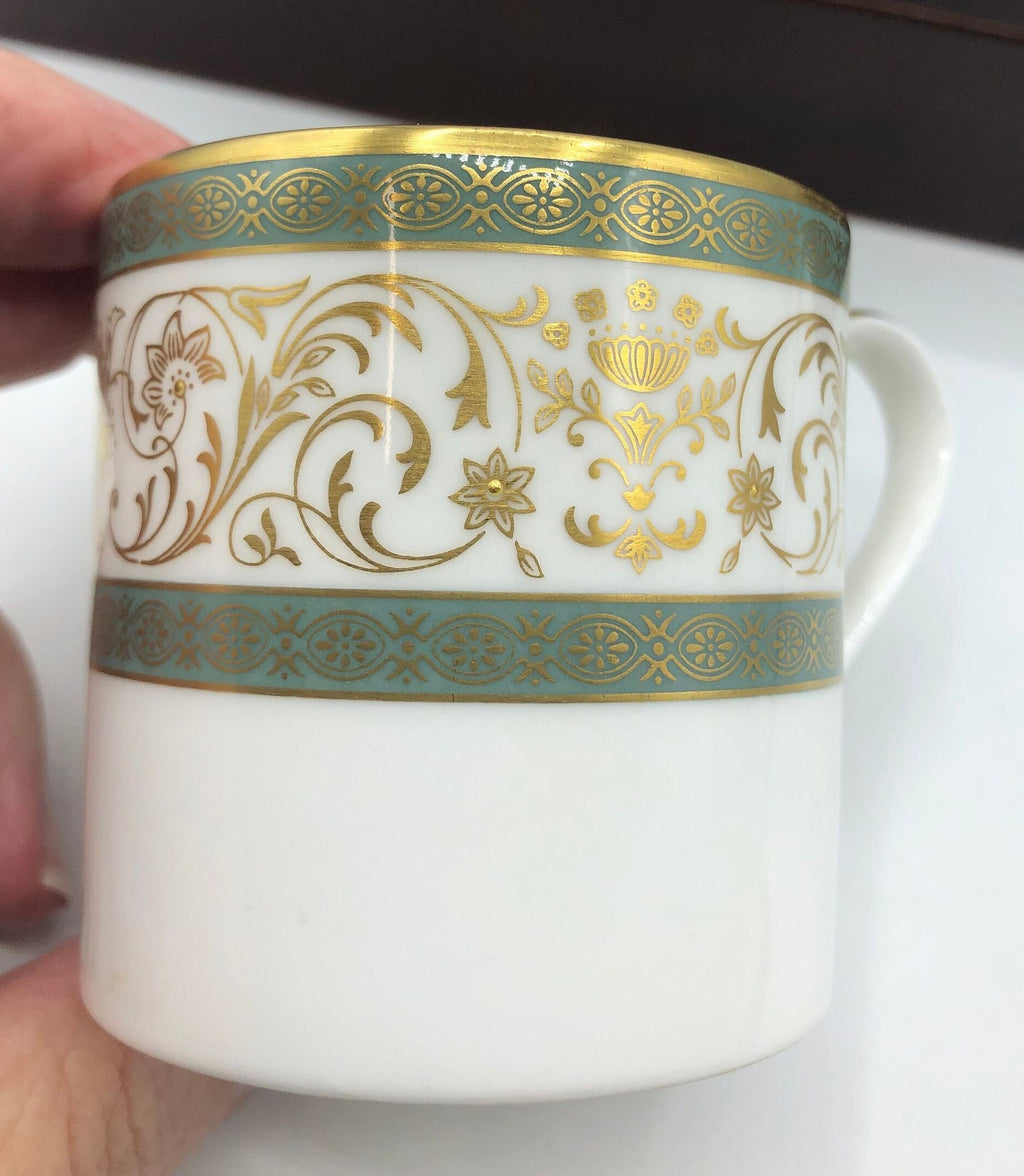 Minton Fine Bone China Demitasse Cup Aragon Pattern.  Fine Gold Details with Light Green Borders, Raised Flower Centers.