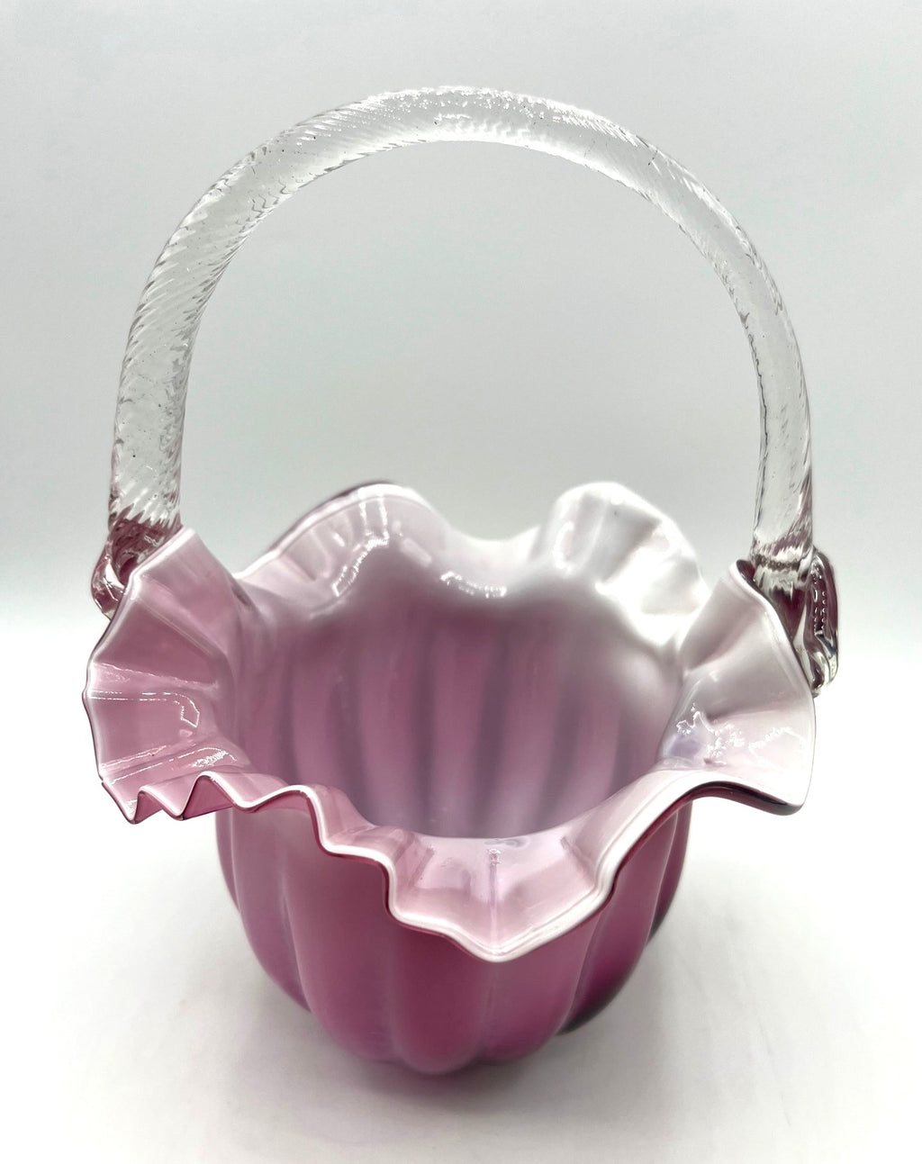 Murano Glass Cranberry over Milk Hand-Blown Glass Basket With Ruffled Edge And Clear Textured Handle