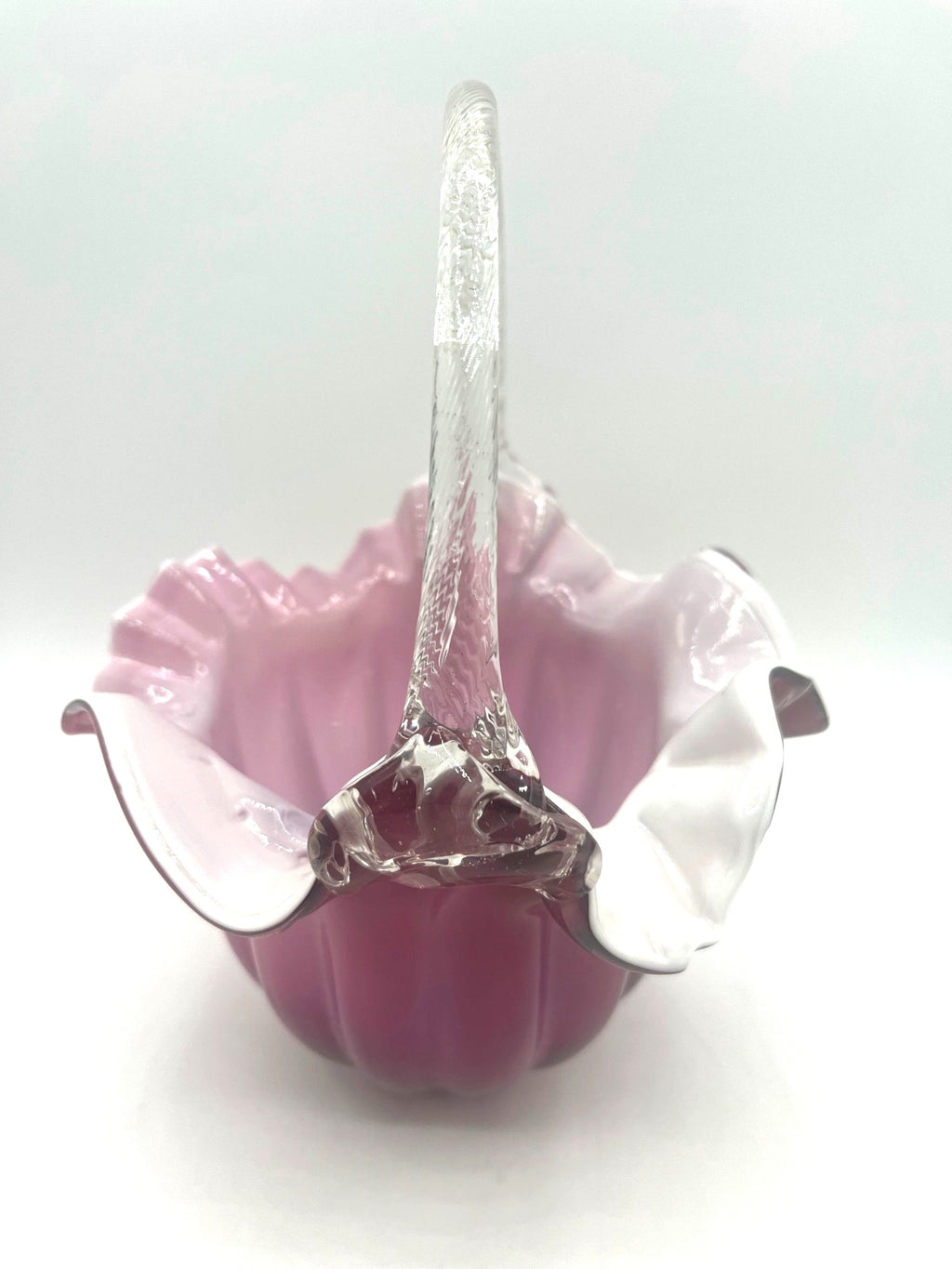 Murano Glass Cranberry over Milk Hand-Blown Glass Basket With Ruffled Edge And Clear Textured Handle