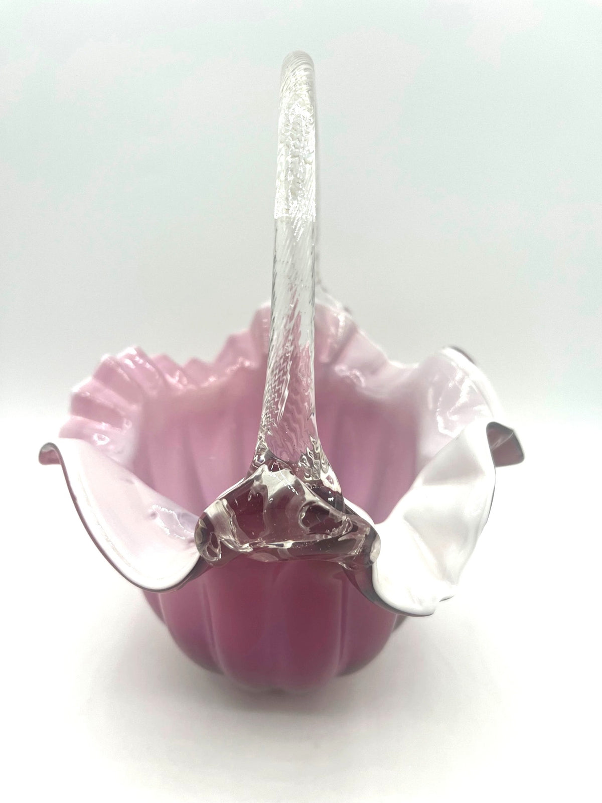 Murano Glass Cranberry over Milk Hand-Blown Glass Basket With Ruffled Edge And Clear Textured Handle