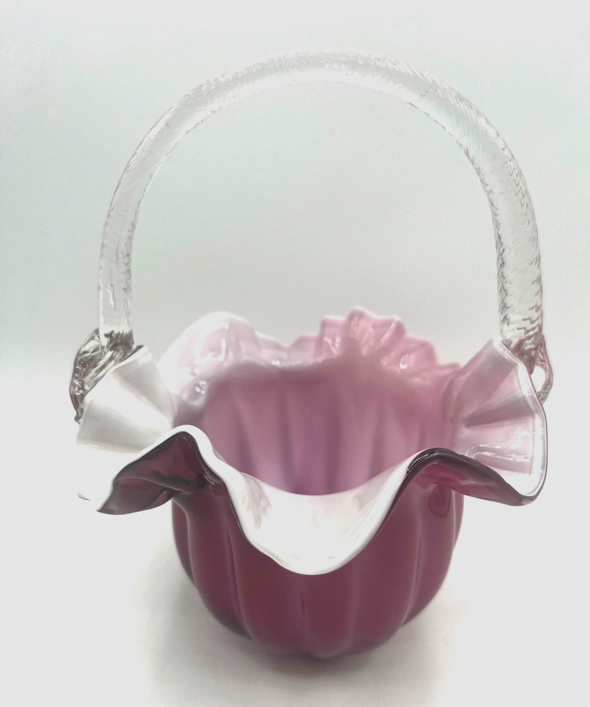 Murano Glass Cranberry over Milk Hand-Blown Glass Basket With Ruffled Edge And Clear Textured Handle