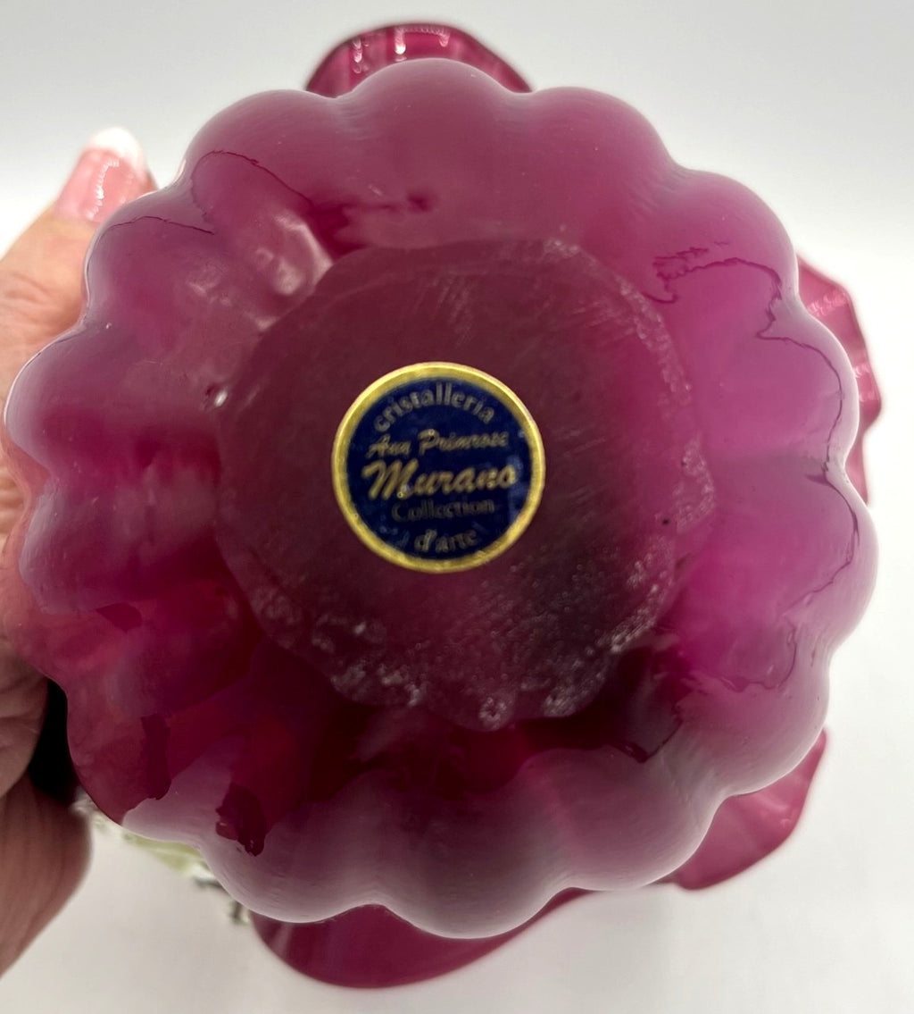 Murano Glass Cranberry over Milk Hand-Blown Glass Basket With Ruffled Edge And Clear Textured Handle