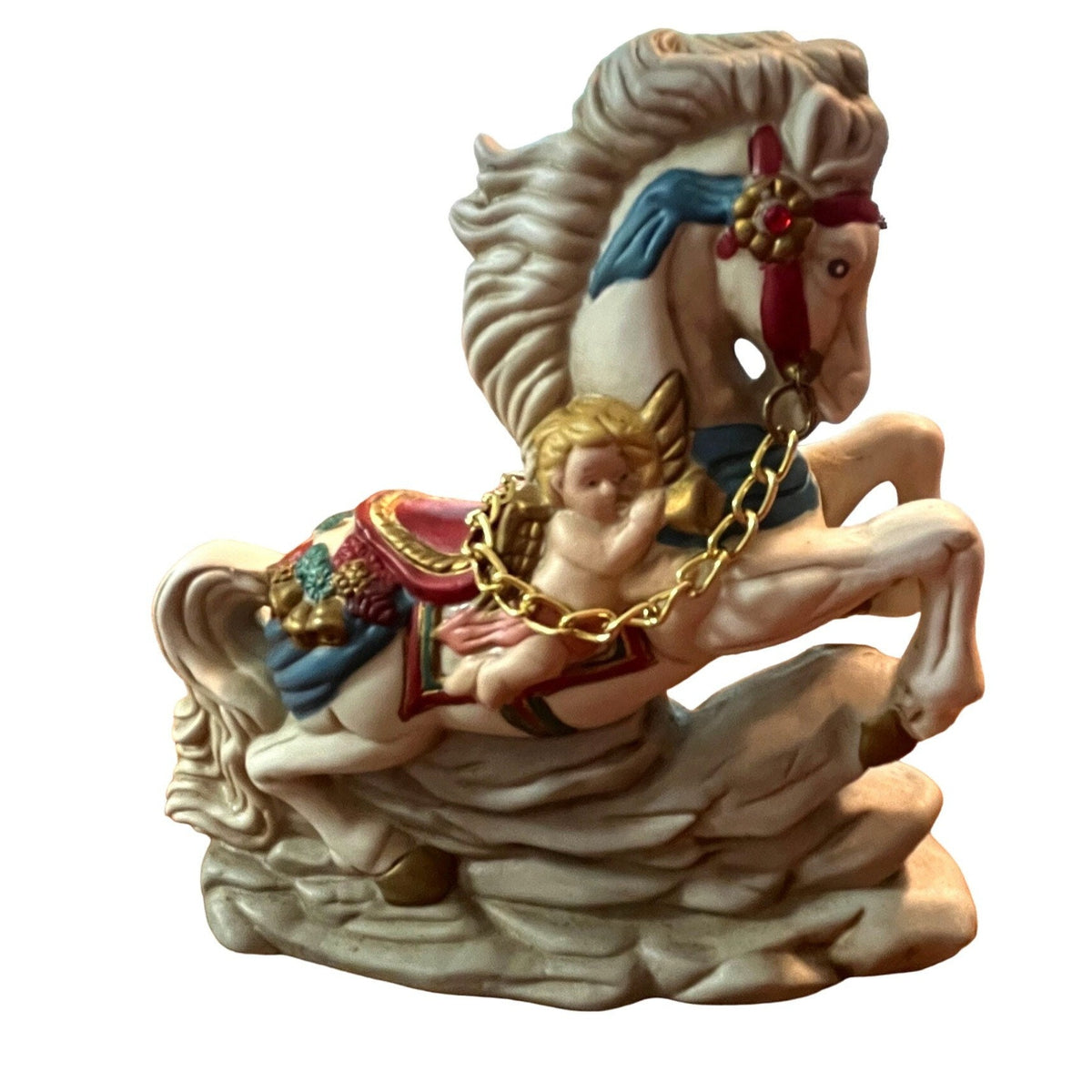 Golden Supex Collectible Porcelain Horse Figurine With Cherub & Gold Chain 6.5" Tall