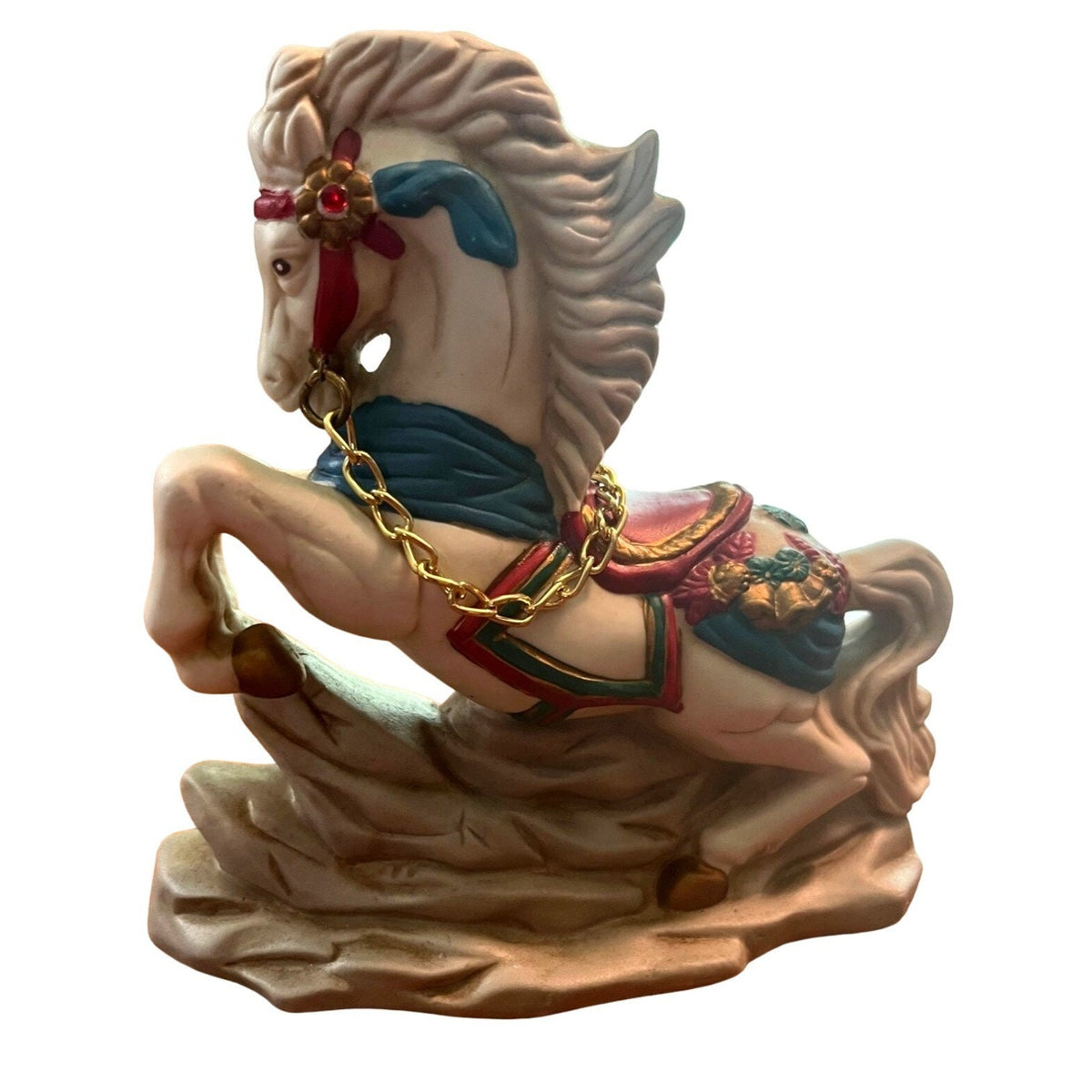 Golden Supex Collectible Porcelain Horse Figurine With Cherub & Gold Chain 6.5" Tall