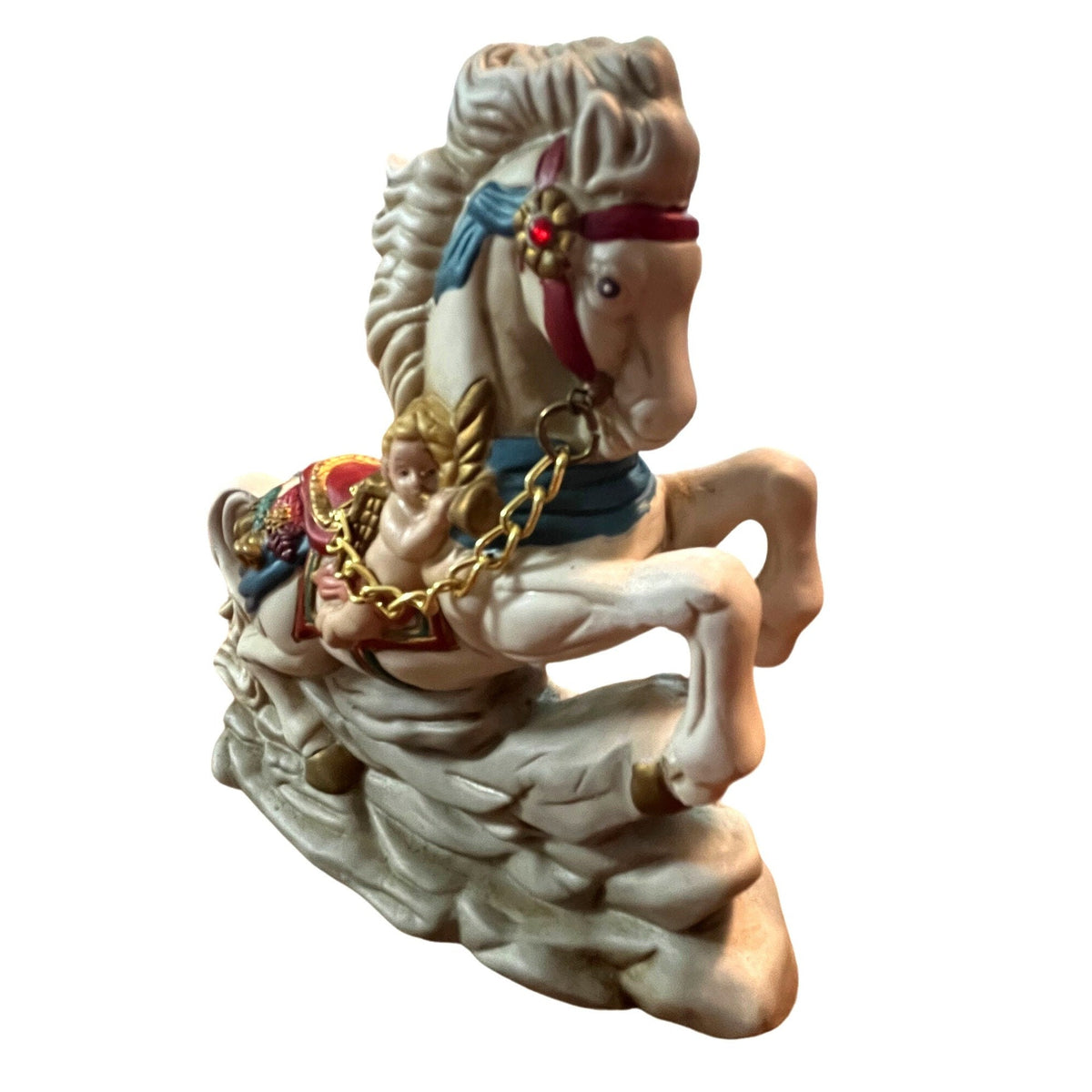 Golden Supex Collectible Porcelain Horse Figurine With Cherub & Gold Chain 6.5" Tall