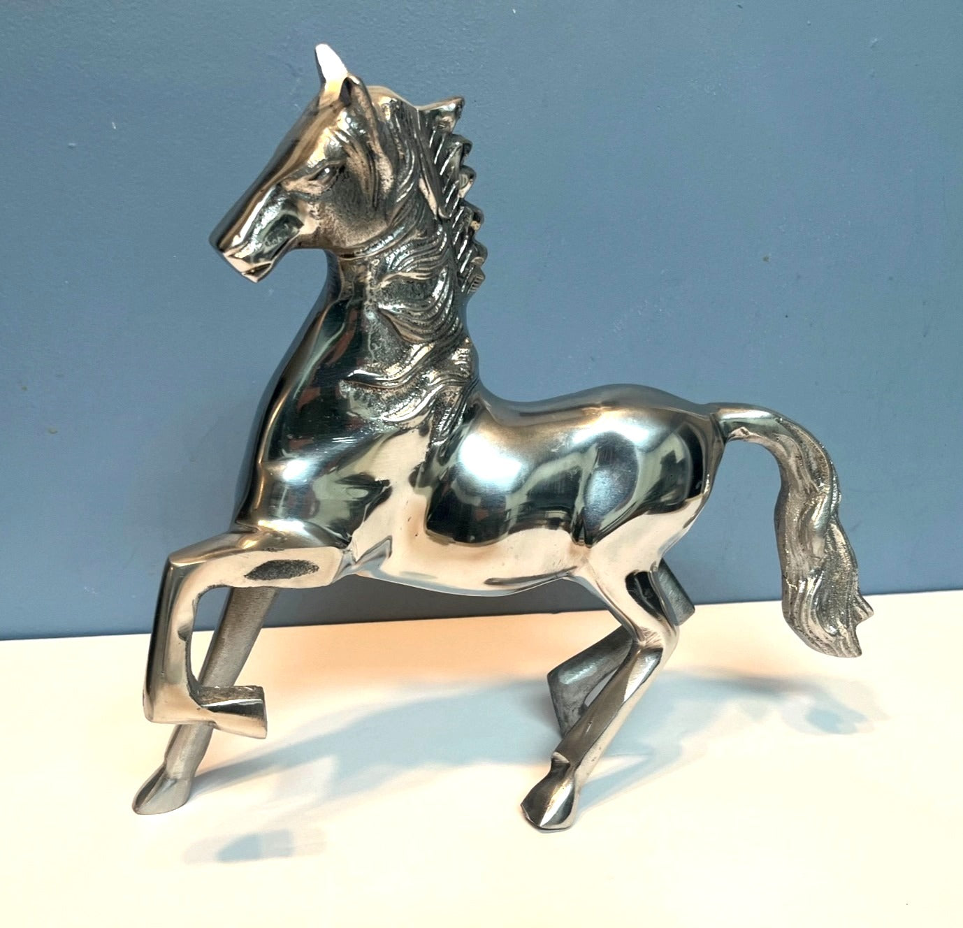 Polished Aluminum Horse Figurine Standing Statue 10.5 Inches Tall Equestrian Décor Sleek Modern Design