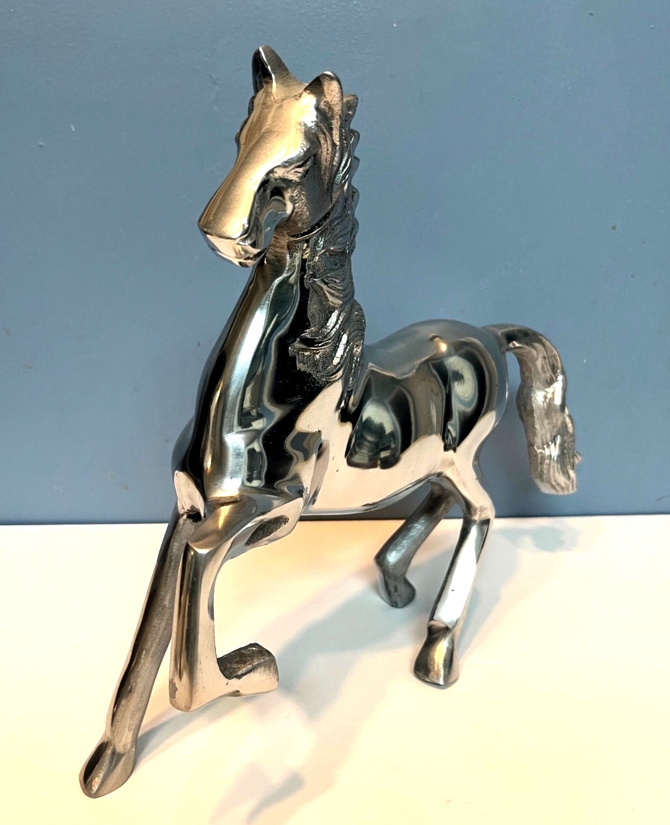 Polished Aluminum Horse Figurine Standing Statue 10.5 Inches Tall Equestrian Décor Sleek Modern Design