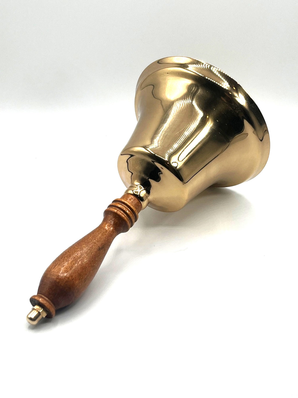 Vintage Solid Brass Hand Bell With Wooden Handle Polished Finish Loud Clear Ring 10" Tall