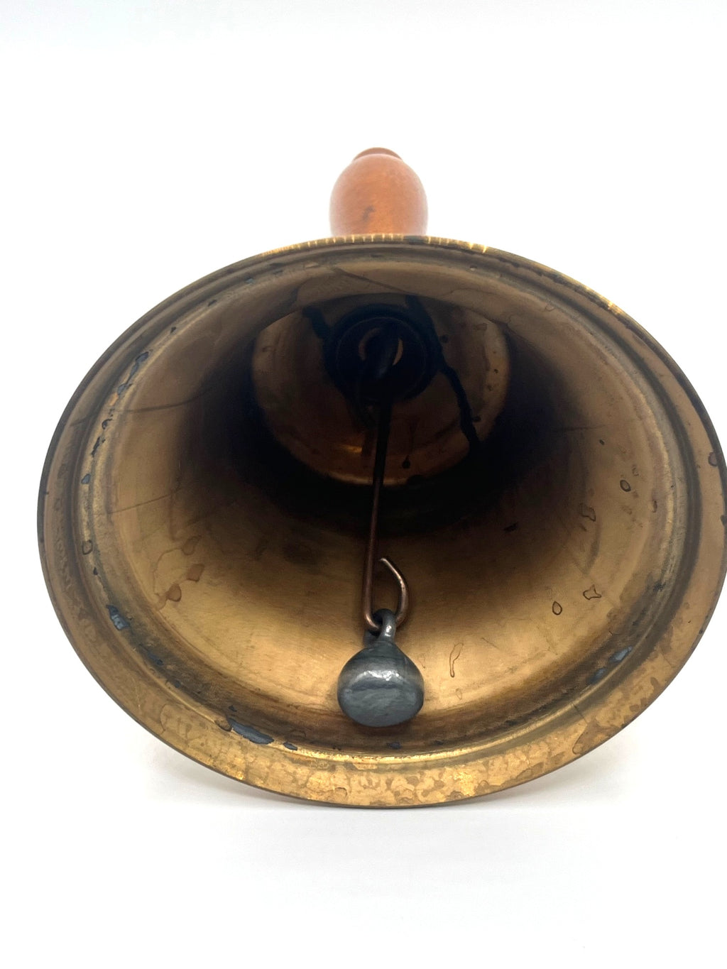 Vintage Solid Brass Hand Bell With Wooden Handle Polished Finish Loud Clear Ring 10" Tall