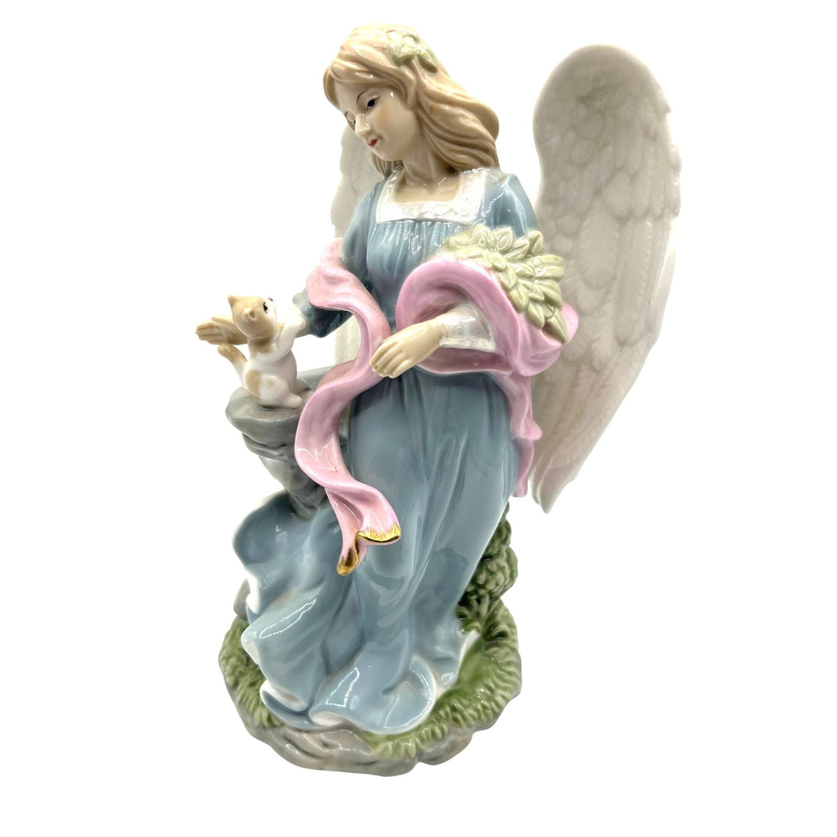 Porcelain Musical Angel Figurine With Cat & Pink Scarf Gold Accents 8" tall