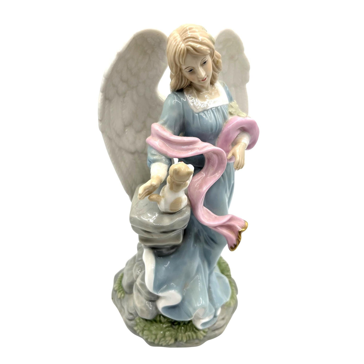 Porcelain Musical Angel Figurine With Cat & Pink Scarf Gold Accents 8" tall