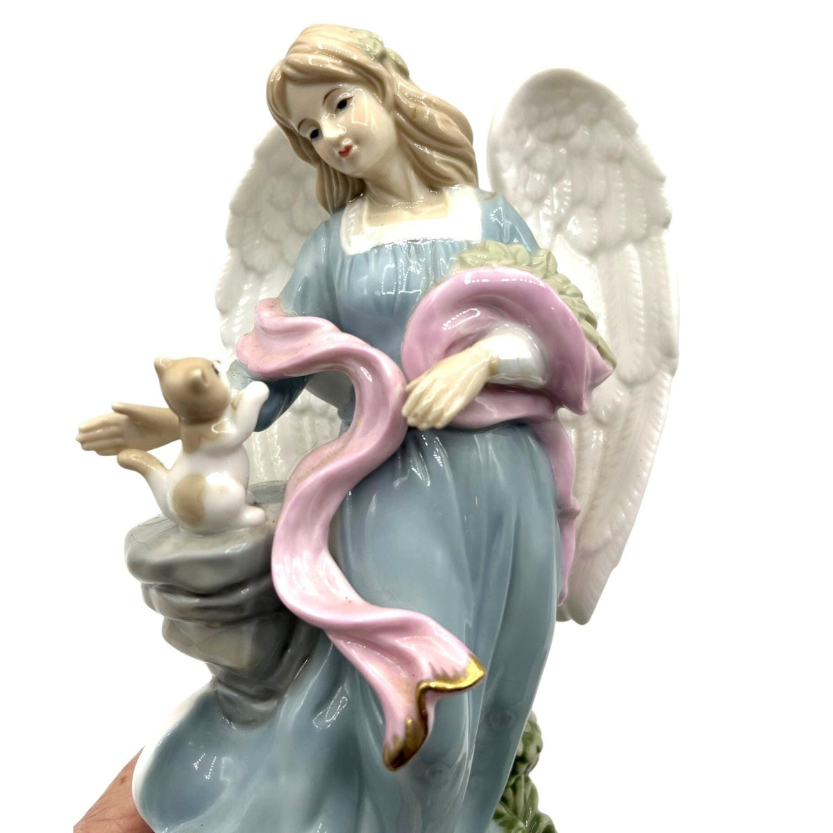 Porcelain Musical Angel Figurine With Cat & Pink Scarf Gold Accents 8" tall