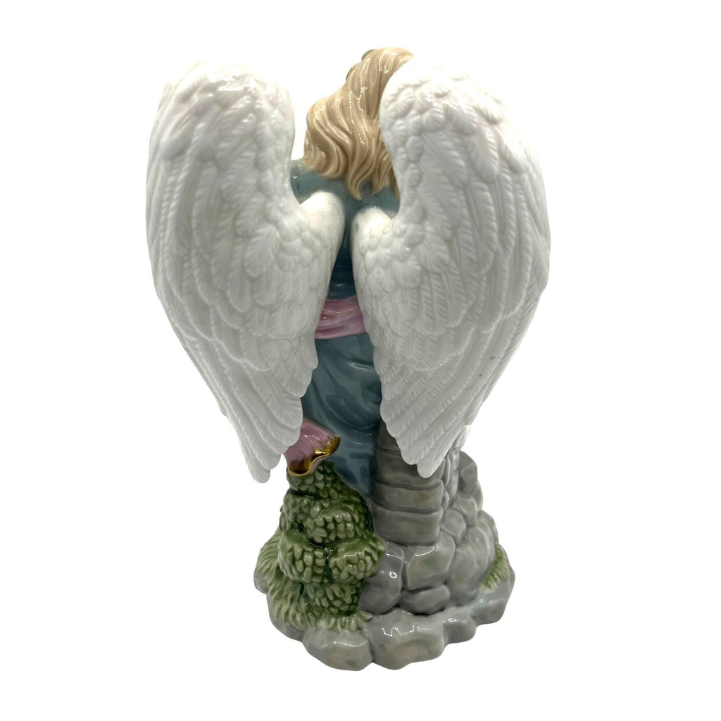 Porcelain Musical Angel Figurine With Cat & Pink Scarf Gold Accents 8" tall