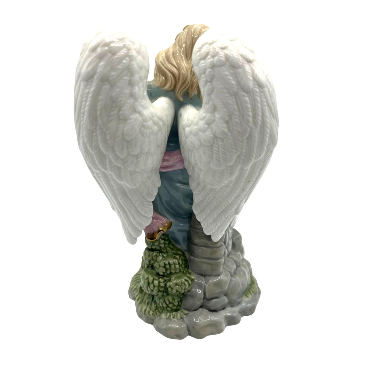 Porcelain Musical Angel Figurine With Cat & Pink Scarf Gold Accents 8" tall