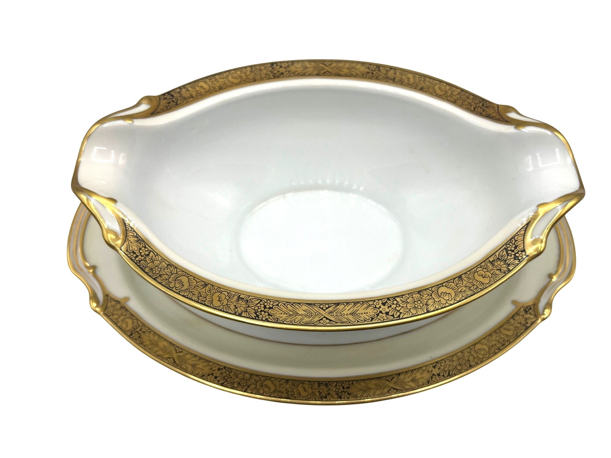 Noritake Goldkin Gravy Boat With Attached Underplate White Porcelain & Gold Trim Elegant Floral Design 9.25" x 6.25"