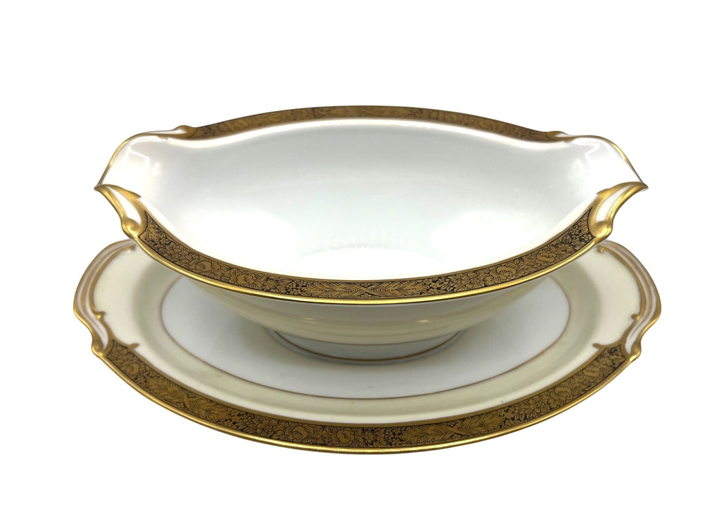 Noritake Goldkin Gravy Boat With Attached Underplate White Porcelain & Gold Trim Elegant Floral Design 9.25" x 6.25"