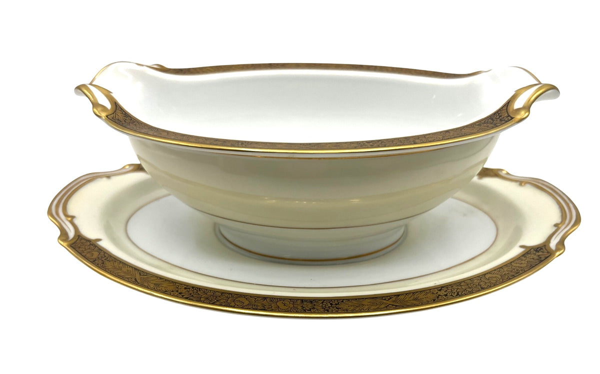 Noritake Goldkin Gravy Boat With Attached Underplate White Porcelain & Gold Trim Elegant Floral Design 9.25" x 6.25"