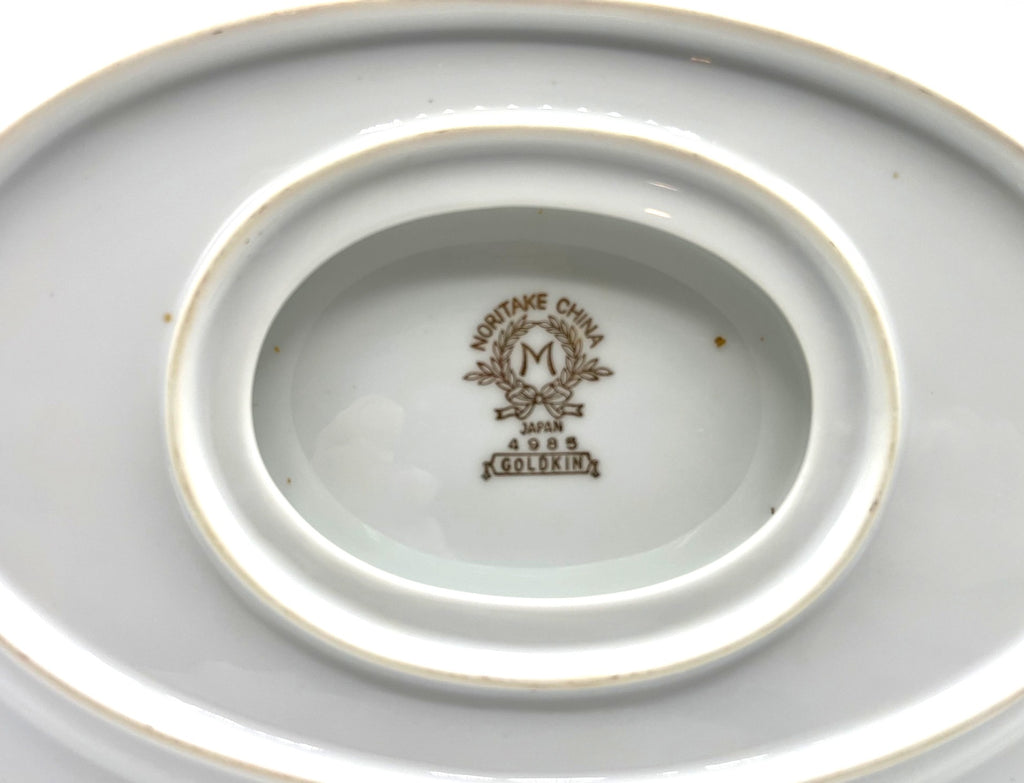 Noritake Goldkin Gravy Boat With Attached Underplate White Porcelain & Gold Trim Elegant Floral Design 9.25" x 6.25"