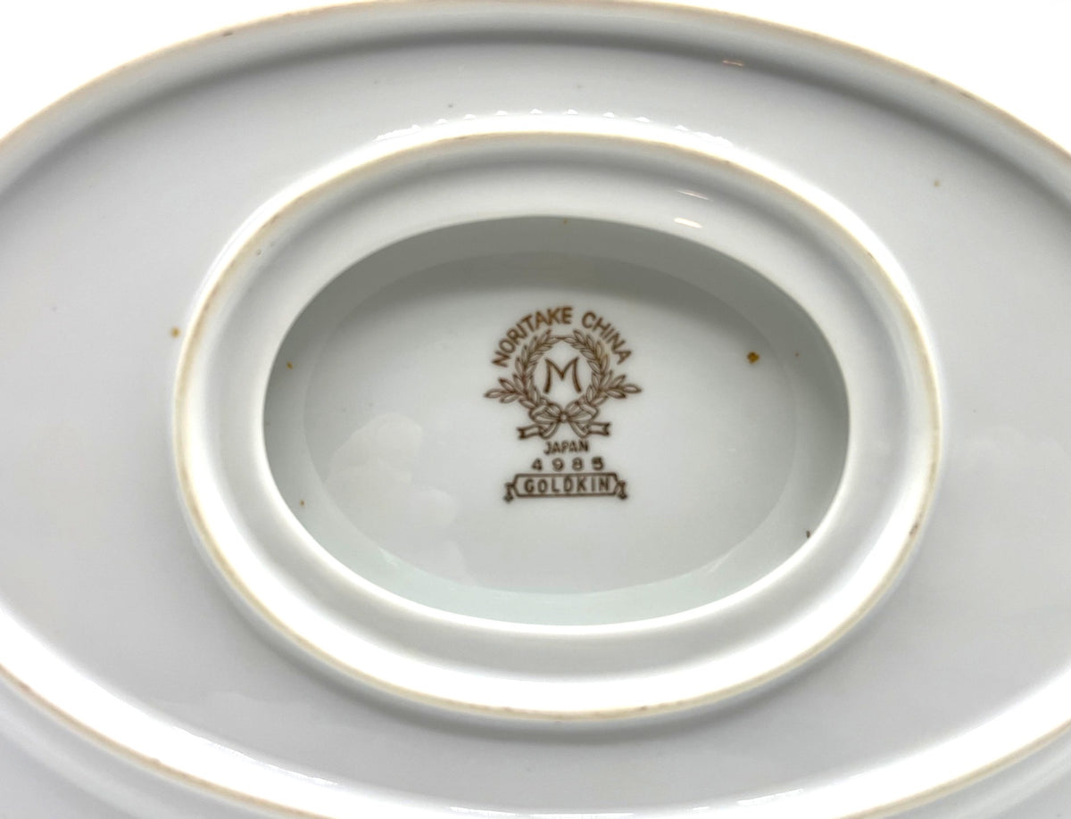 Noritake Goldkin Gravy Boat With Attached Underplate White Porcelain & Gold Trim Elegant Floral Design 9.25" x 6.25"