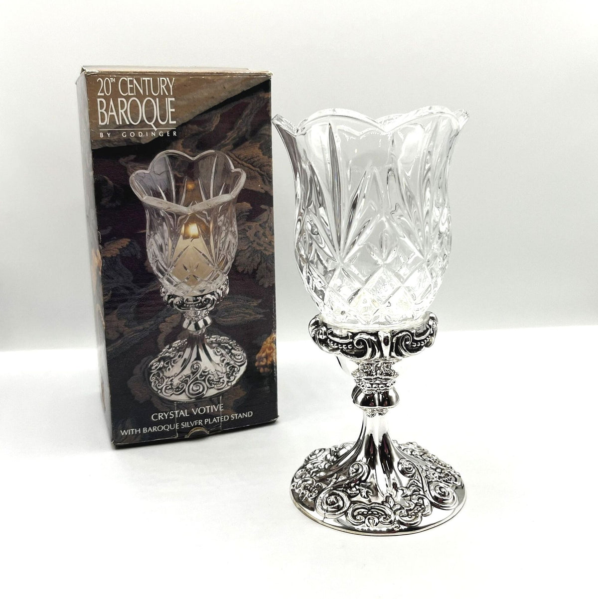 Crystal Votive with Baroque Silver Plated Stand by Godinger Silver NIB