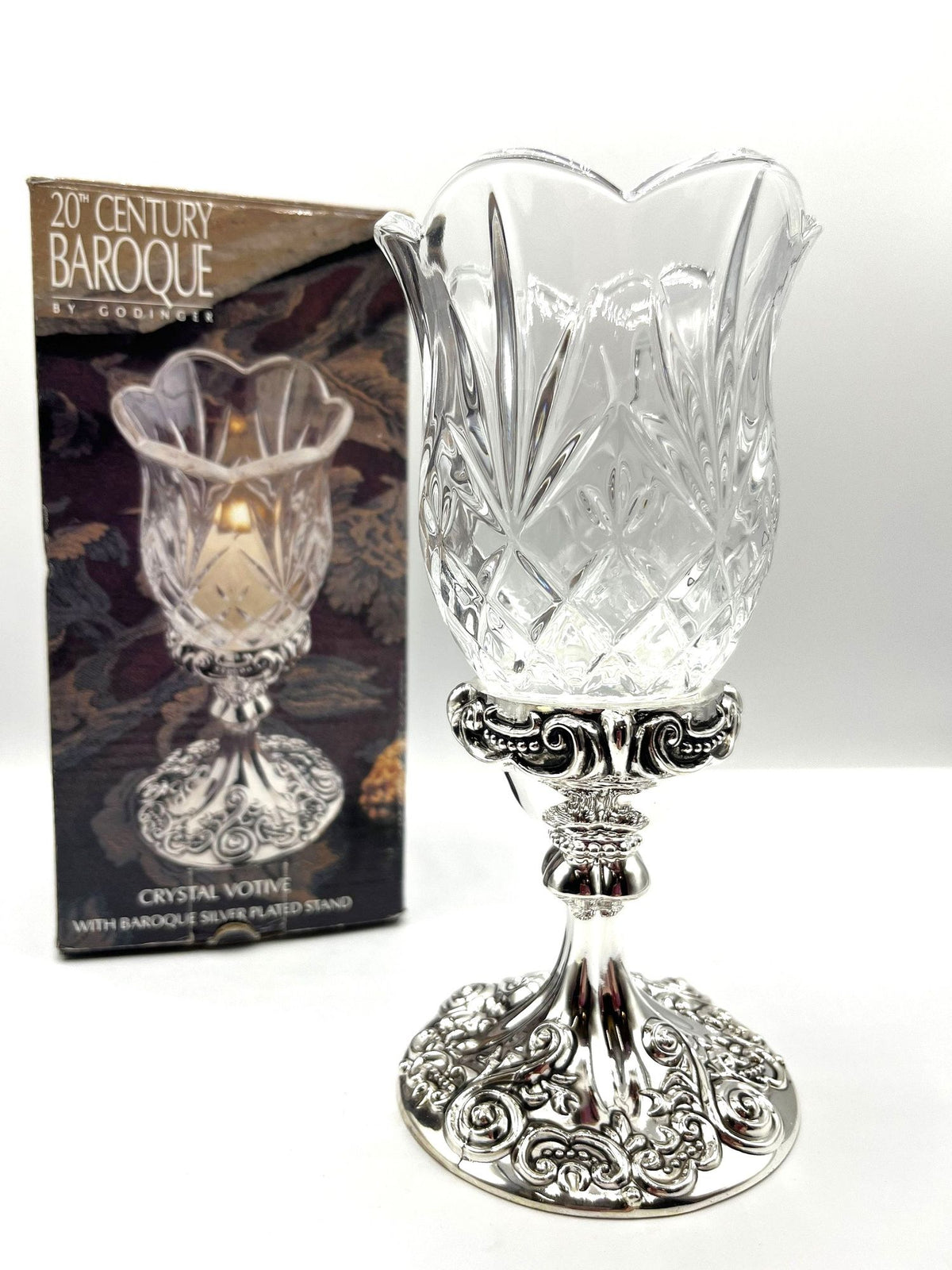 Crystal Votive with Baroque Silver Plated Stand by Godinger Silver NIB