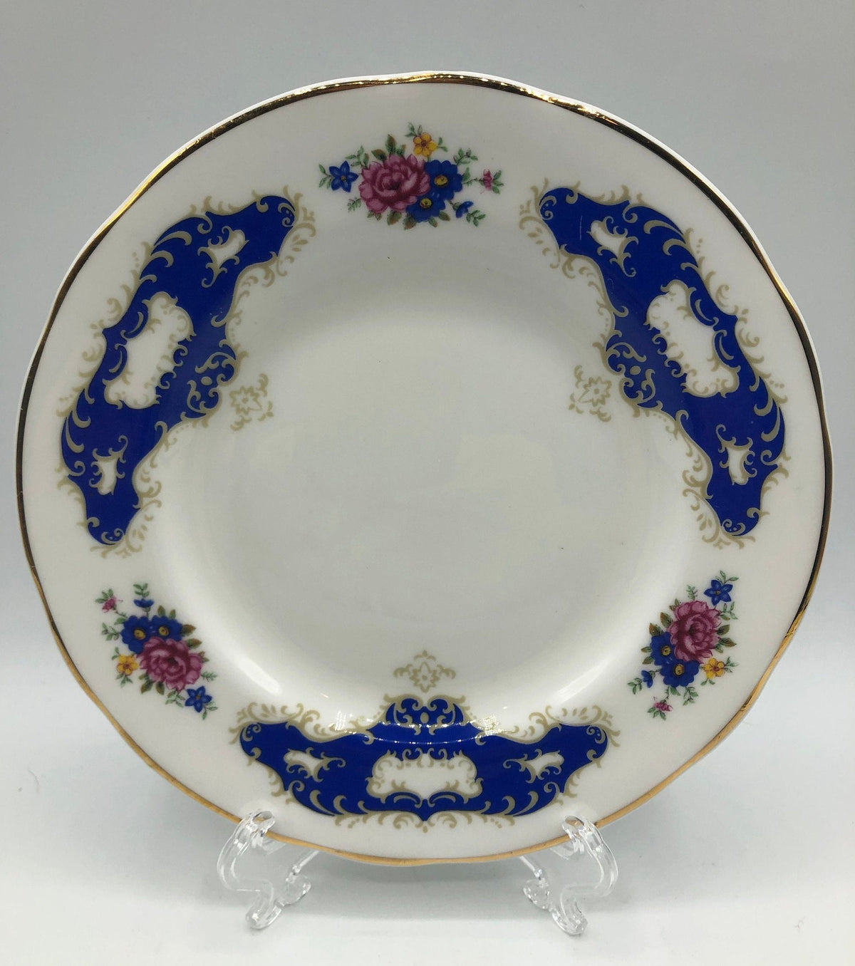 Fenton Bone China 6.5" Plate with Cobalt Blue Border Details and Deep Rose and Cobalt Blue Flowers, Gold Rim.