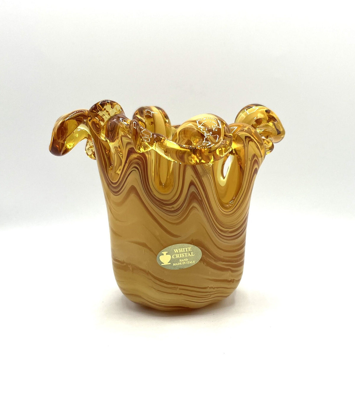 Amber Color Art Glass Vase Hand Made Blown Glass by White Crystal in Italy. 6" x 5" tall
