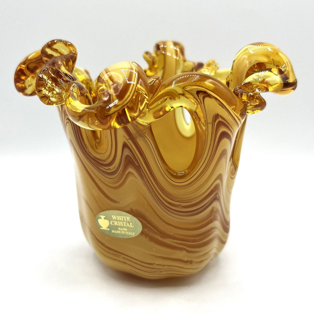 Amber Color Art Glass Vase Hand Made Blown Glass by White Crystal in Italy. 6" x 5" tall