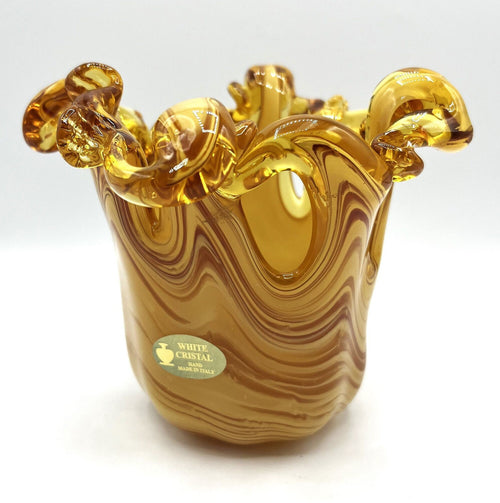 Amber Color Art Glass Vase Hand Made Blown Glass by White Crystal in Italy. 6" x 5" tall