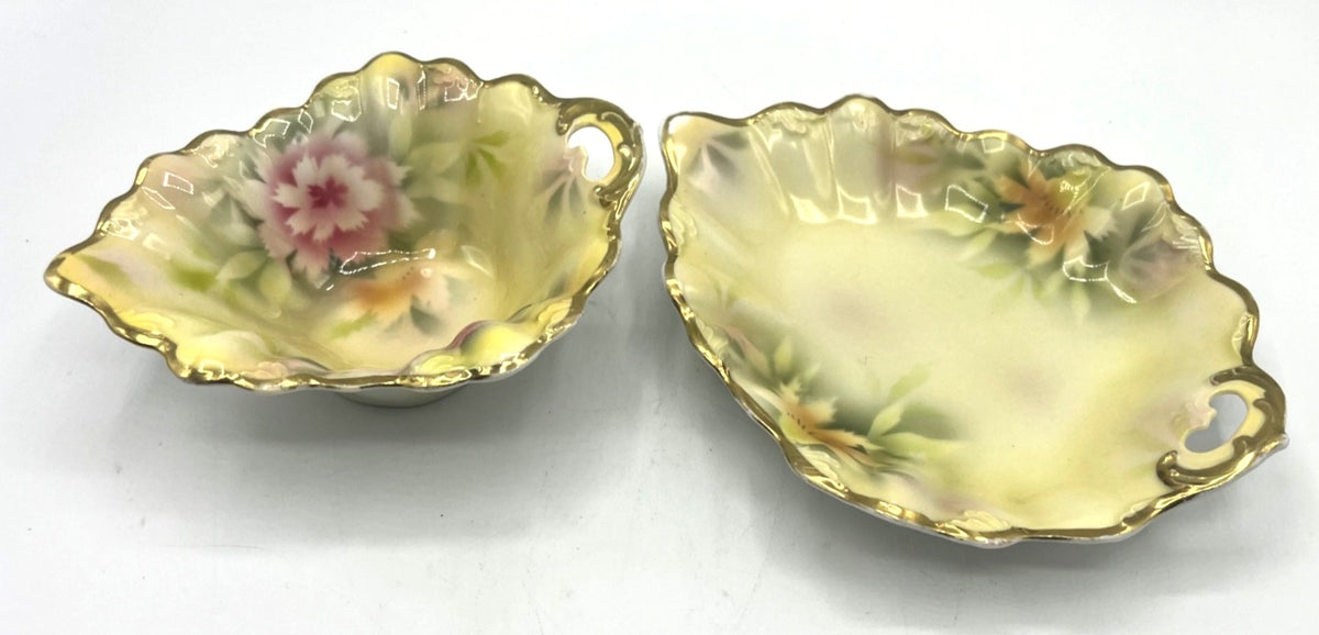 Antique Weimar German Porcelain Leaf-Shaped Dishes With Floral Design & Gold Rim