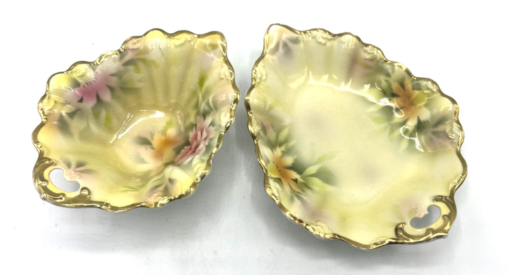 Antique Weimar German Porcelain Leaf-Shaped Dishes With Floral Design & Gold Rim