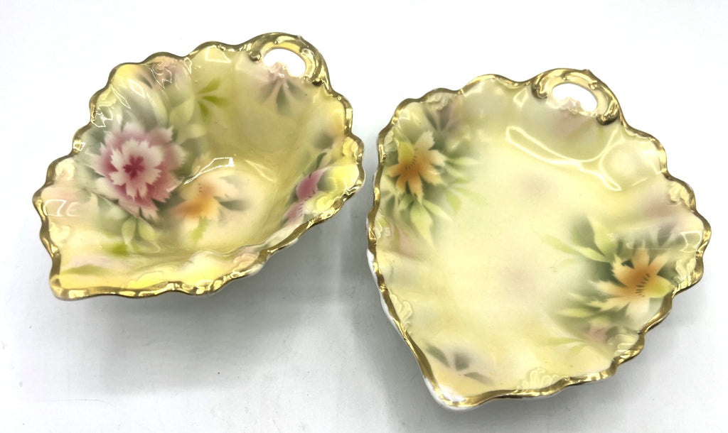 Antique Weimar German Porcelain Leaf-Shaped Dishes With Floral Design & Gold Rim