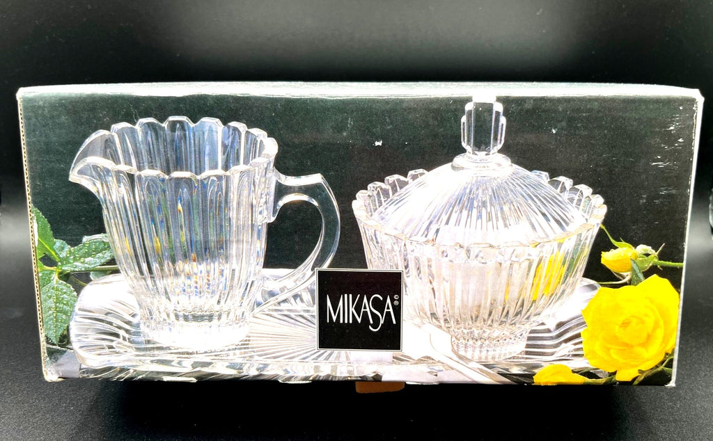 Mikasa Royal Suite Sugar & Creamer Set w Tray Clear Glass Elegant Design