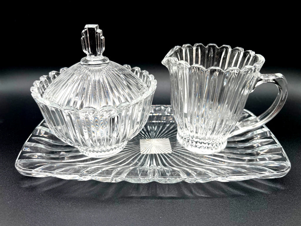 Mikasa Royal Suite Sugar & Creamer Set w Tray Clear Glass Elegant Design