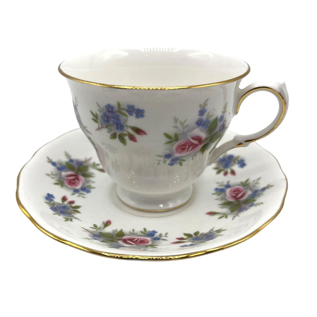 Queen Anne Bone China Tea Cup & Saucer Set With Pink Roses Blue Floral Design Gold Trim England