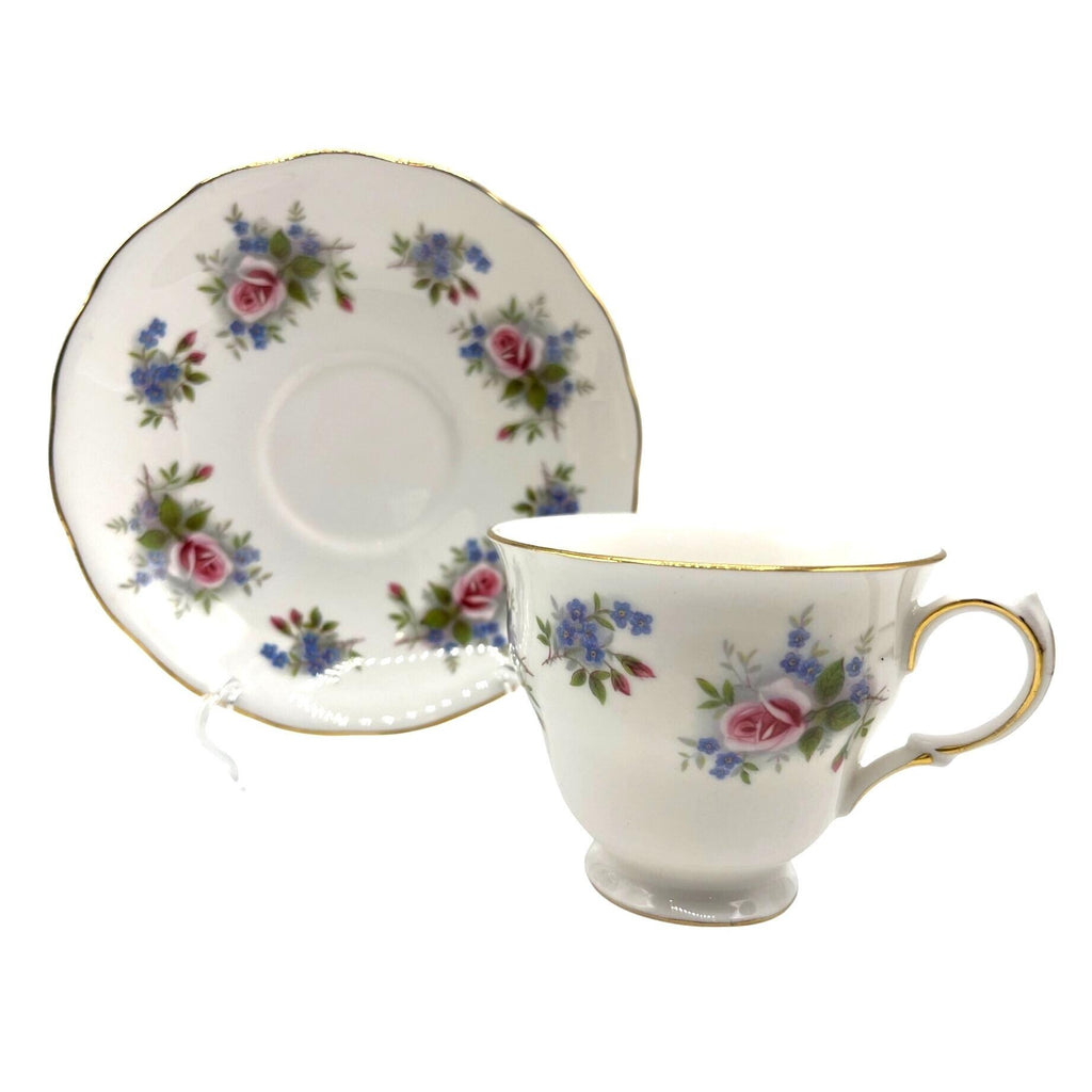 Queen Anne Bone China Tea Cup & Saucer Set With Pink Roses Blue Floral Design Gold Trim England