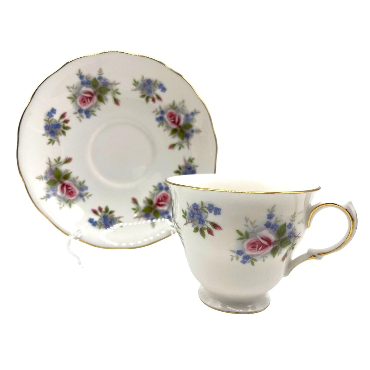 Queen Anne Bone China Tea Cup & Saucer Set With Pink Roses Blue Floral Design Gold Trim England