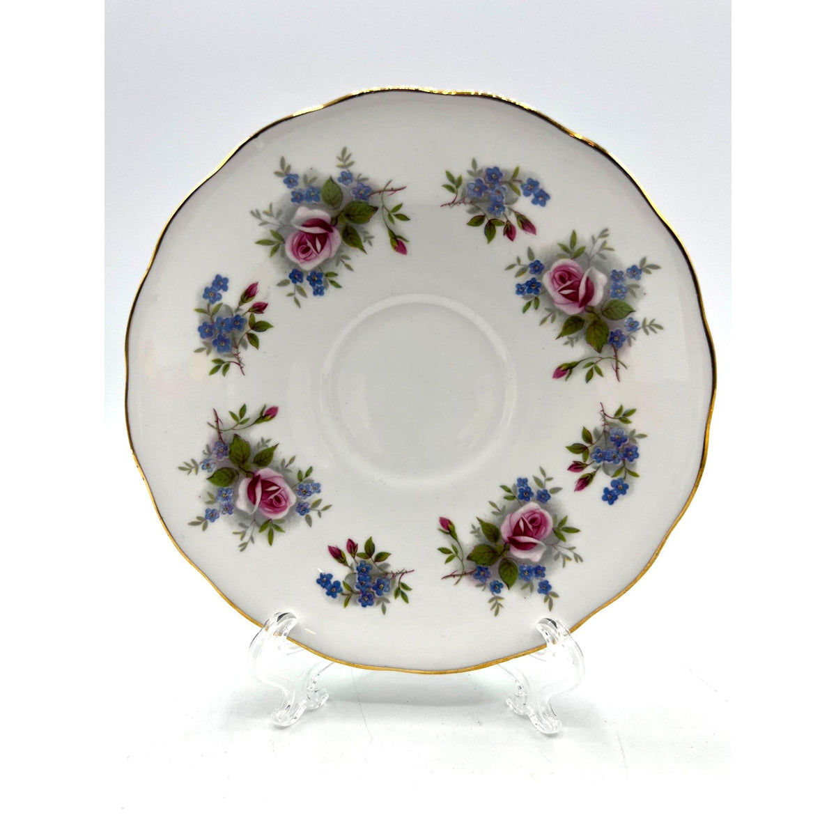 Queen Anne Bone China Tea Cup & Saucer Set With Pink Roses Blue Floral Design Gold Trim England