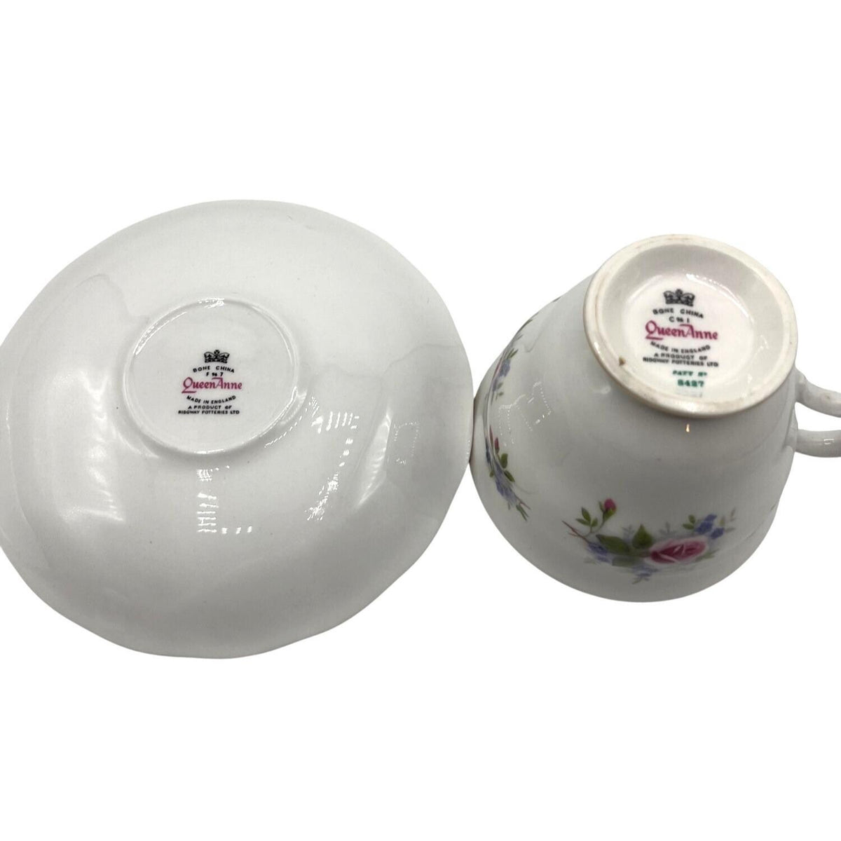 Queen Anne Bone China Tea Cup & Saucer Set With Pink Roses Blue Floral Design Gold Trim England