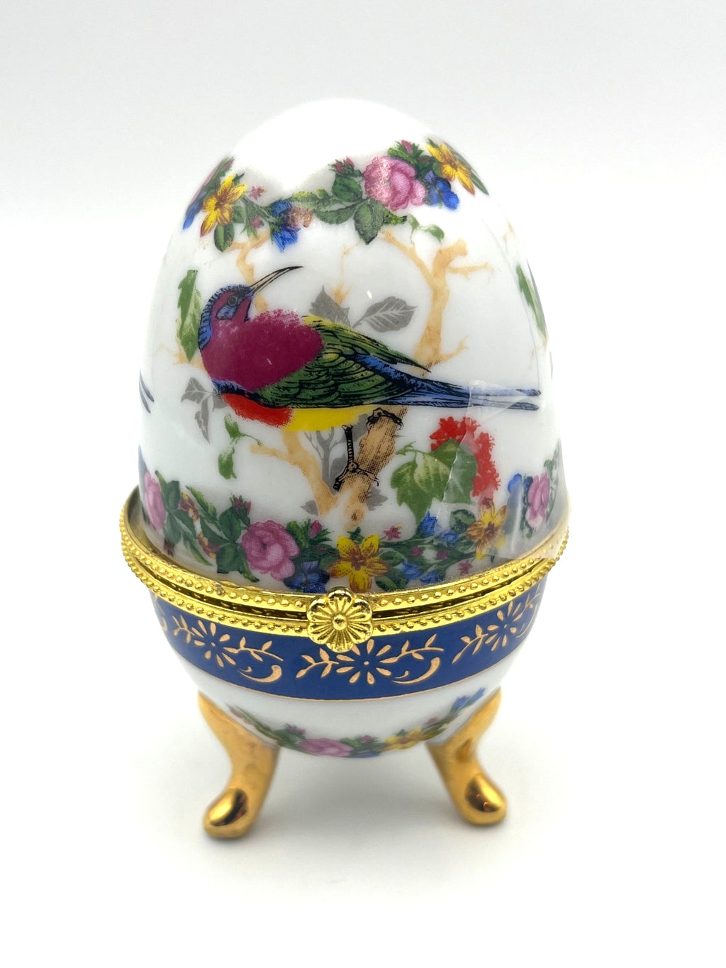 Vintage Hand-Painted Porcelain Egg Trinket Box With Feet Bird & Floral Design Gold Trim Hinged Lid